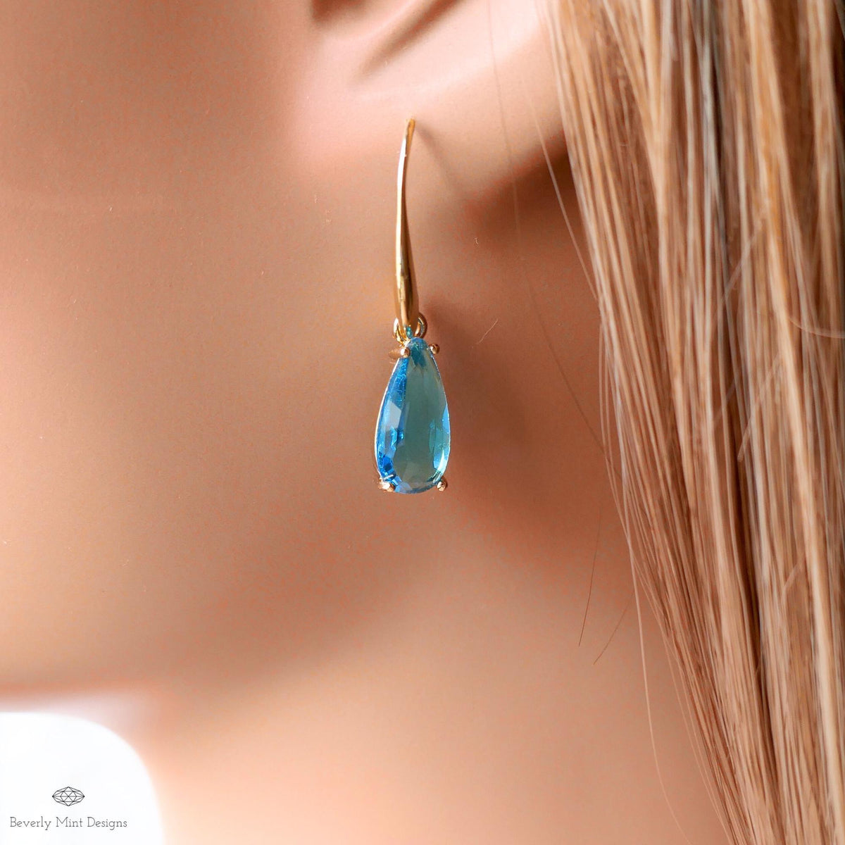Blue Teardrop Earrings, Crystal Drop Dangle, Gold Hook Earrings, Light Blue Jewelry, Elegant, Sensitive Ear & Clip-On Options