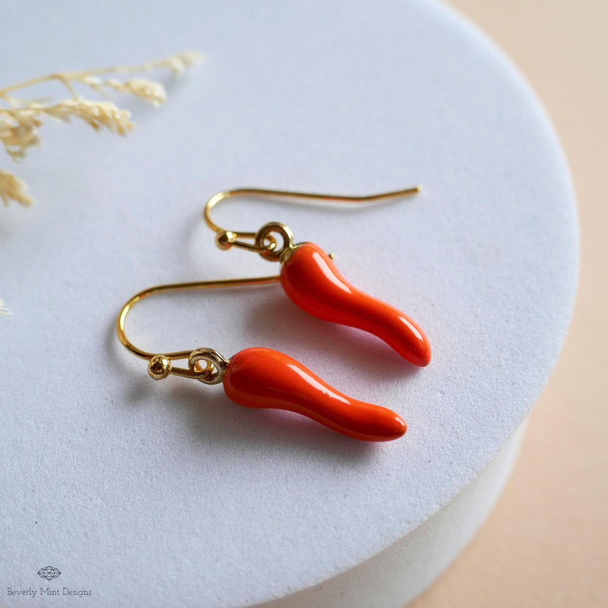 Chili Pepper Earrings, Orange Pepper Dangle, Gold Hook Earrings, Fun Earrings, Spicy Statement Earrings, Sensitive Ear & Clip-On Options