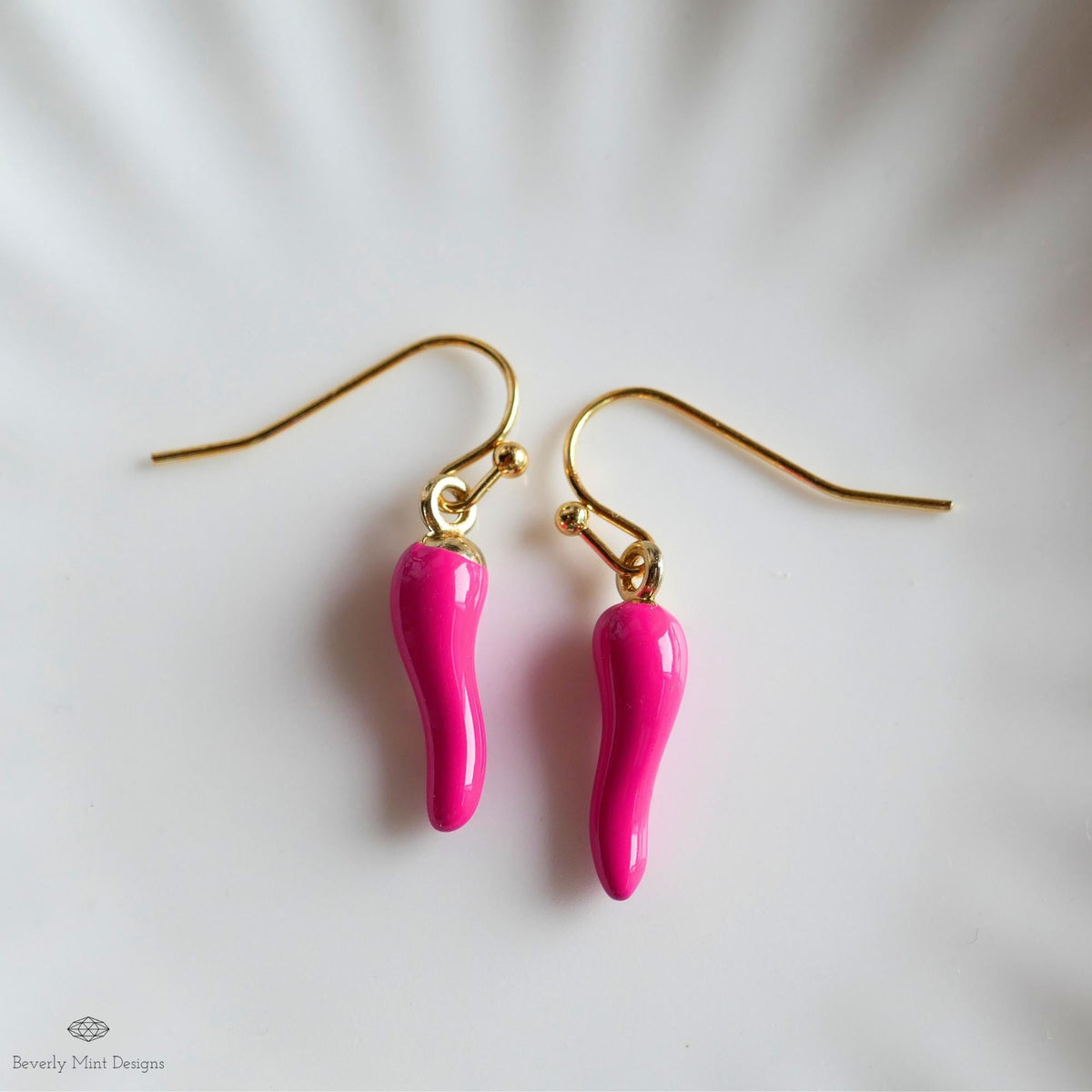 Chili Pepper Earrings, Hot Pink Pepper Dangle, Gold Hook Earrings, Fun Earrings, Spicy Statement Earrings, Sensitive Ear & Clip-On Options