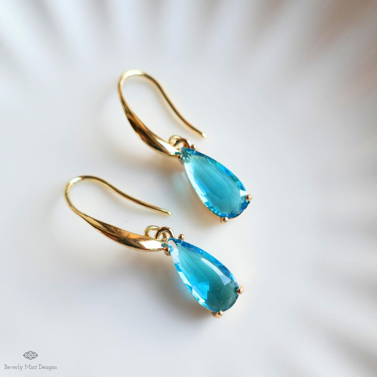 Blue Teardrop Earrings, Crystal Drop Dangle, Gold Hook Earrings, Light Blue Jewelry, Elegant, Sensitive Ear & Clip-On Options