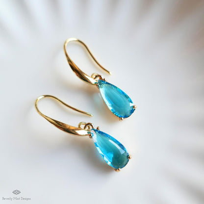 Blue Teardrop Earrings, Crystal Drop Dangle, Gold Hook Earrings, Light Blue Jewelry, Elegant, Sensitive Ear & Clip-On Options