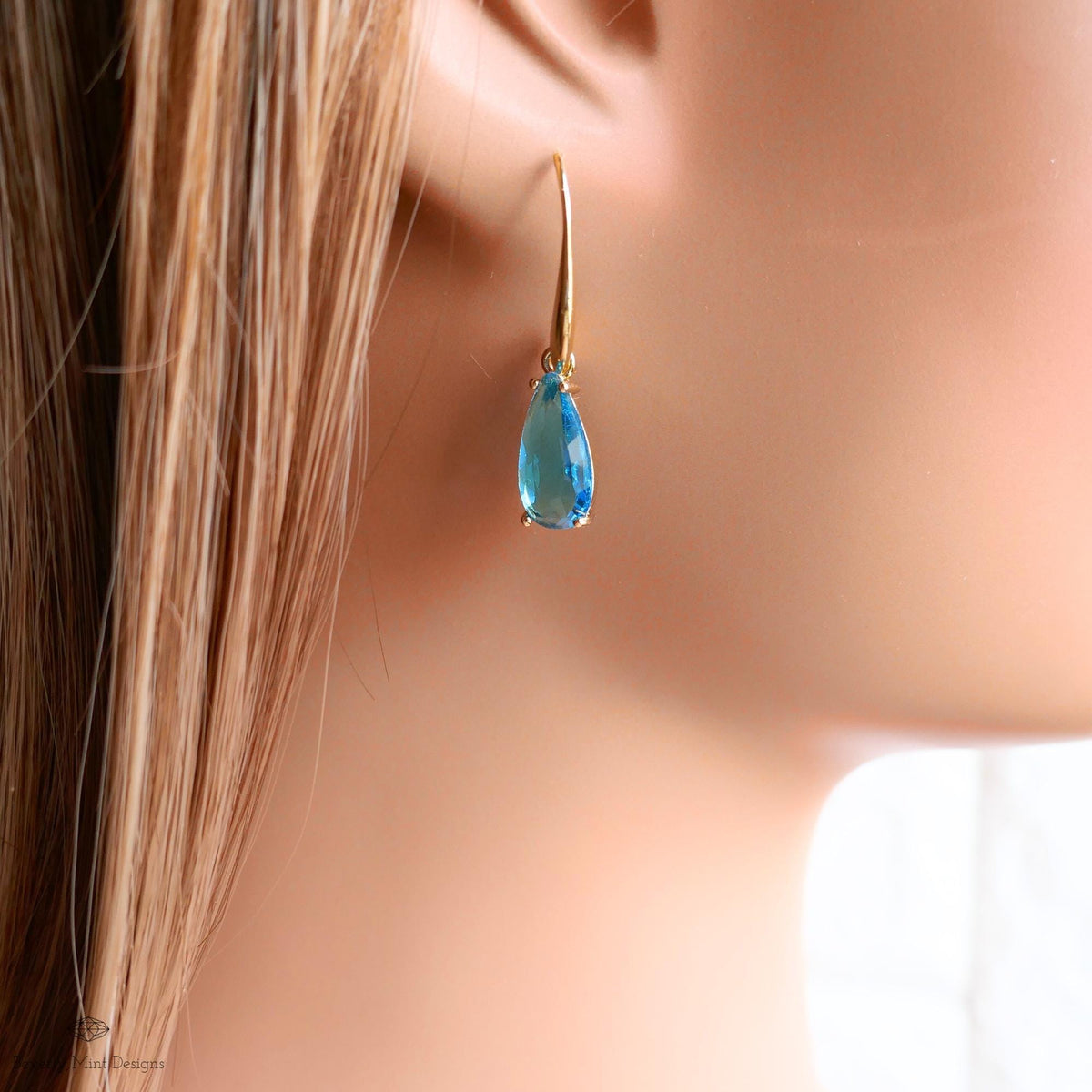 Blue Teardrop Earrings, Crystal Drop Dangle, Gold Hook Earrings, Light Blue Jewelry, Elegant, Sensitive Ear & Clip-On Options