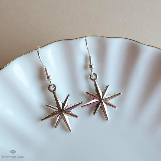 Silver Star Hoop Earrings, North Star Dangle Hoops, Celestial Jewelry for Women, Minimalist Star Earrings, Sensitive Ear & Clip-On Options