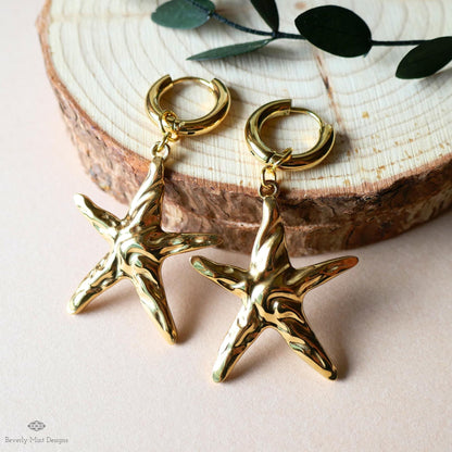 Sculptural Starfish Earrings with Gold Chunky Hoop Earrings, Ocean Inspired Earrings , Artistic Coastal Statement Jewelry