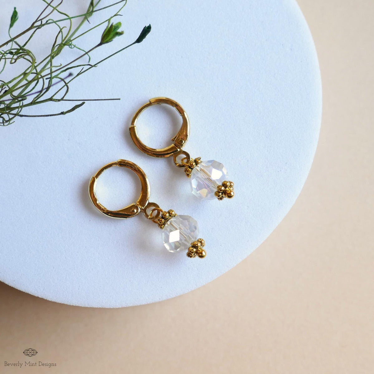 Crystal Drop Hoop Earrings, Light Weight Gold Plated Huggie Earrings, Clear Sparkly Earrings, Bead Hoops, Sensitive Ear & Clip-On Options