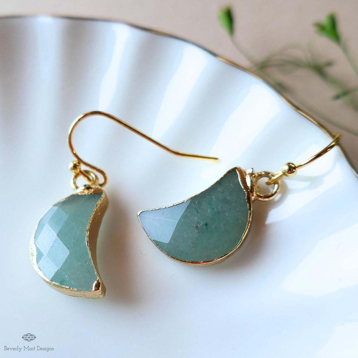 Green Aventurine Moon Earrings, Green Crescent Moon Earrings, Gold Gemstone Drop Earrings, Sensitive Ear & Clip-On Options
