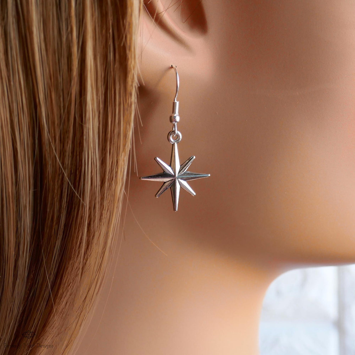 Silver Star Hoop Earrings, North Star Dangle Hoops, Celestial Jewelry for Women, Minimalist Star Earrings, Sensitive Ear & Clip-On Options
