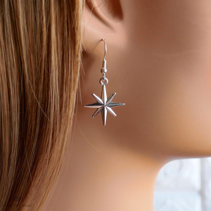Silver Star Hoop Earrings, North Star Dangle Hoops, Celestial Jewelry for Women, Minimalist Star Earrings, Sensitive Ear & Clip-On Options