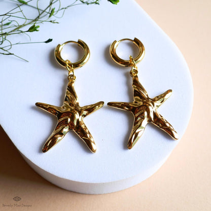 Sculptural Starfish Earrings with Gold Chunky Hoop Earrings, Ocean Inspired Earrings , Artistic Coastal Statement Jewelry