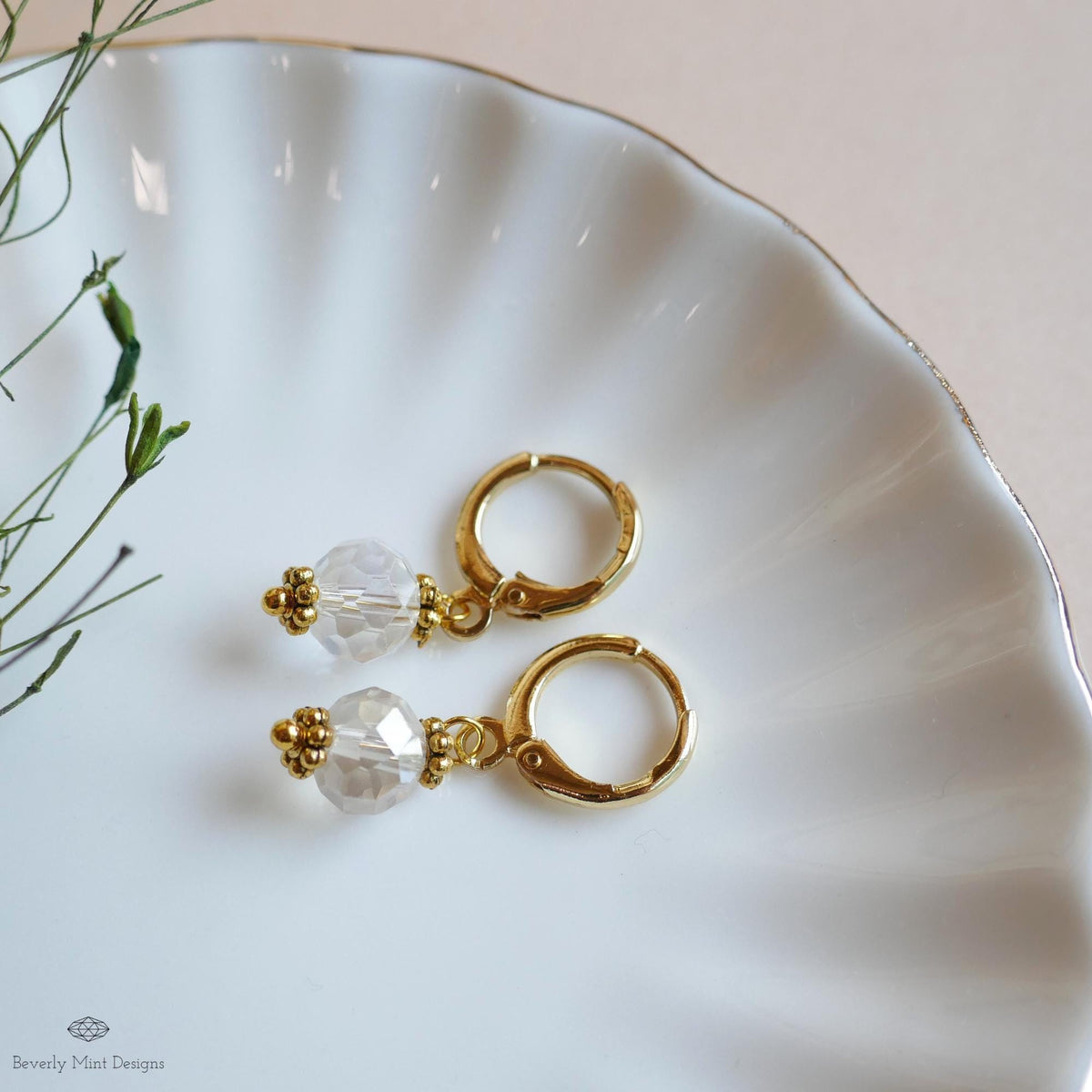 Crystal Drop Hoop Earrings, Light Weight Gold Plated Huggie Earrings, Clear Sparkly Earrings, Bead Hoops, Sensitive Ear & Clip-On Options