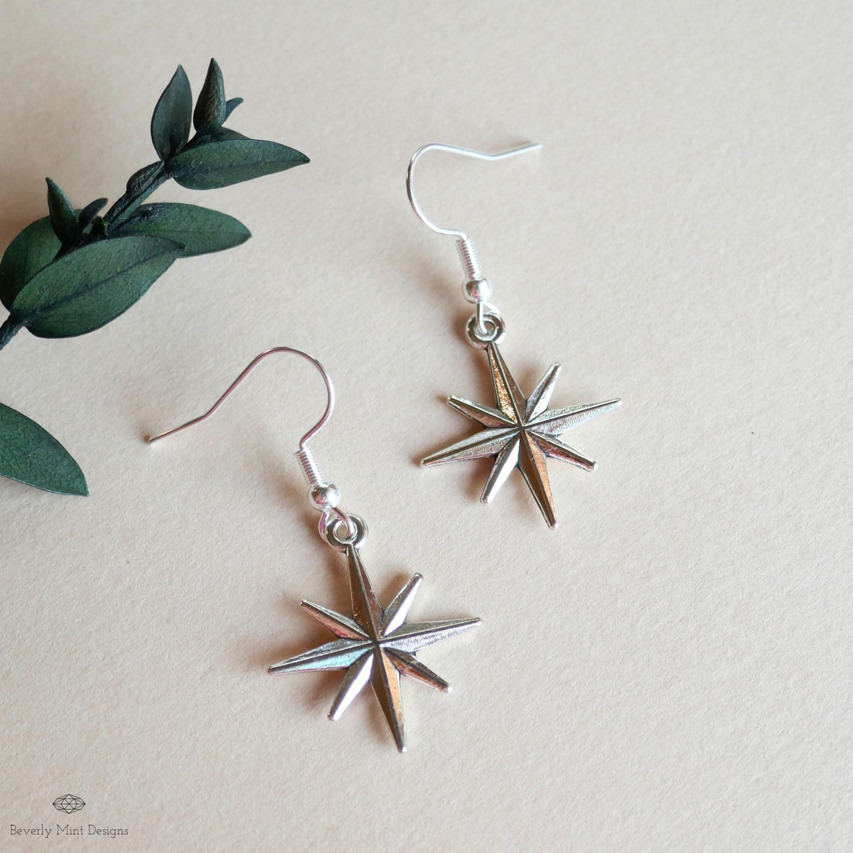 Silver Star Hoop Earrings, North Star Dangle Hoops, Celestial Jewelry for Women, Minimalist Star Earrings, Sensitive Ear & Clip-On Options