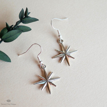 Silver Star Hoop Earrings, North Star Dangle Hoops, Celestial Jewelry for Women, Minimalist Star Earrings, Sensitive Ear & Clip-On Options