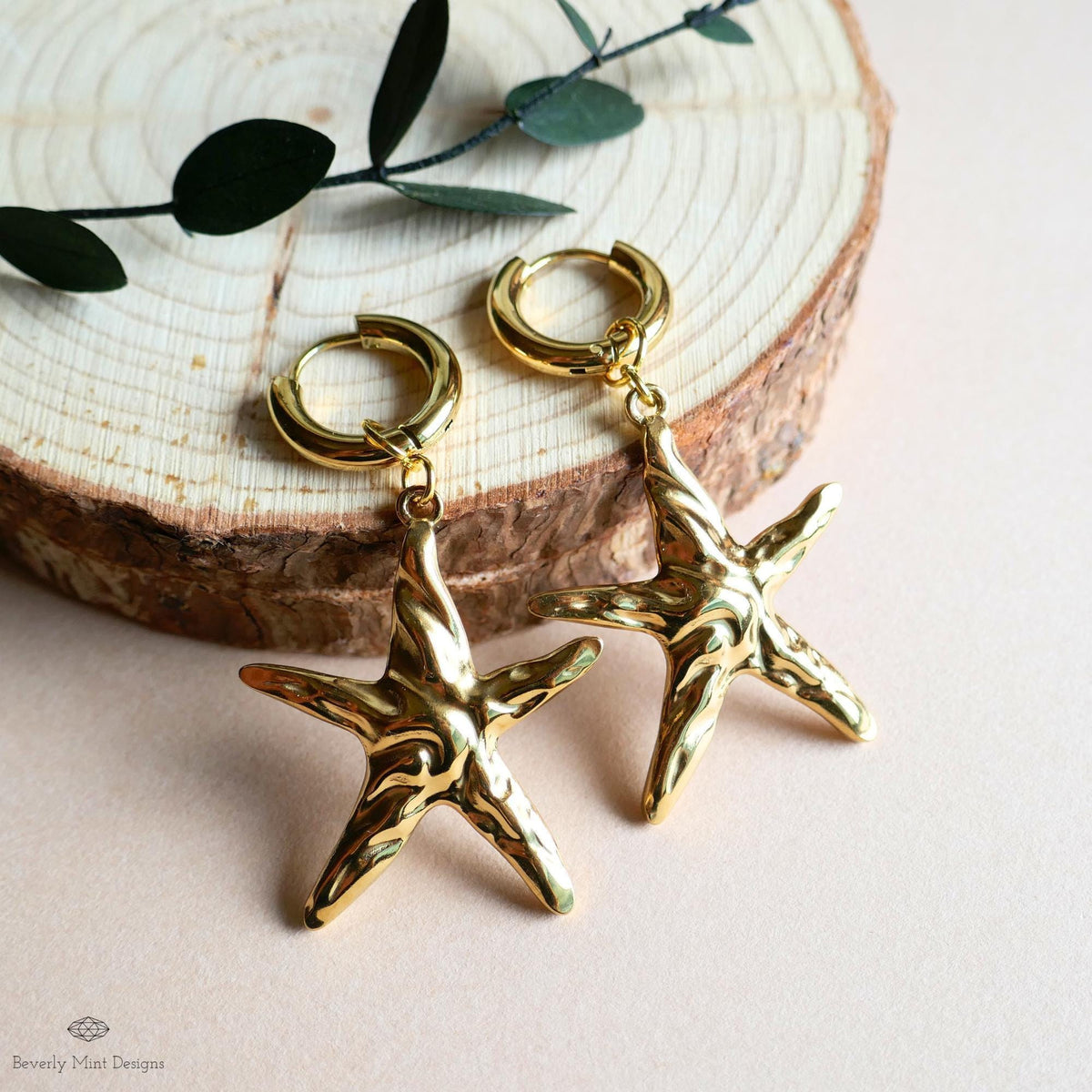 Sculptural Starfish Earrings with Gold Chunky Hoop Earrings, Ocean Inspired Earrings , Artistic Coastal Statement Jewelry