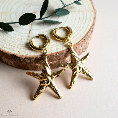 Sculptural Starfish Earrings with Gold Chunky Hoop Earrings, Ocean Inspired Earrings , Artistic Coastal Statement Jewelry