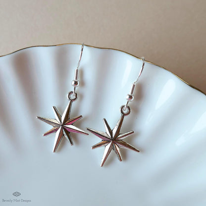 Silver Star Hoop Earrings, North Star Dangle Hoops, Celestial Jewelry for Women, Minimalist Star Earrings, Sensitive Ear & Clip-On Options