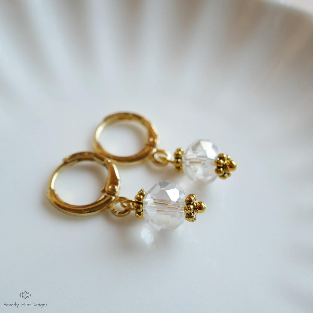 Crystal Drop Hoop Earrings, Light Weight Gold Plated Huggie Earrings, Clear Sparkly Earrings, Bead Hoops, Sensitive Ear & Clip-On Options