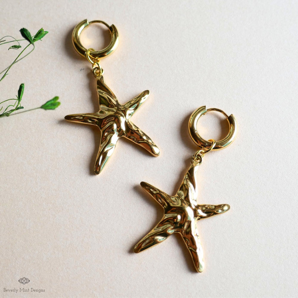 Sculptural Starfish Earrings with Gold Chunky Hoop Earrings, Ocean Inspired Earrings , Artistic Coastal Statement Jewelry