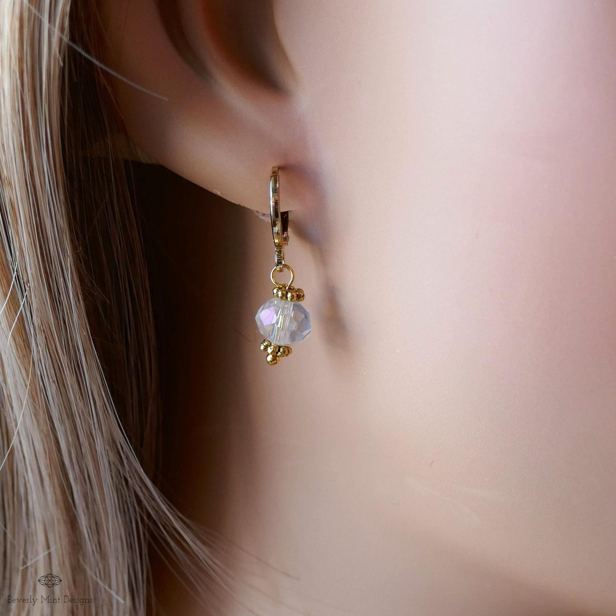 Crystal Drop Hoop Earrings, Light Weight Gold Plated Huggie Earrings, Clear Sparkly Earrings, Bead Hoops, Sensitive Ear & Clip-On Options