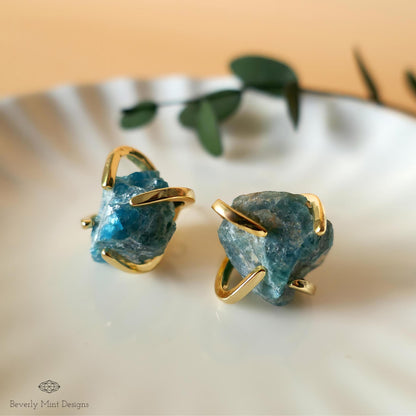 Apatite Stud Earrings with 18K Gold, Green Stone Earrings,  1/2 - 3/4 inches, Natural Raw Stone Earrings, Chakra Stone