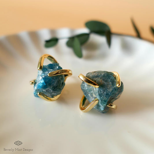 Apatite Stud Earrings with 18K Gold, Green Stone Earrings,  1/2 - 3/4 inches, Natural Raw Stone Earrings, Chakra Stone