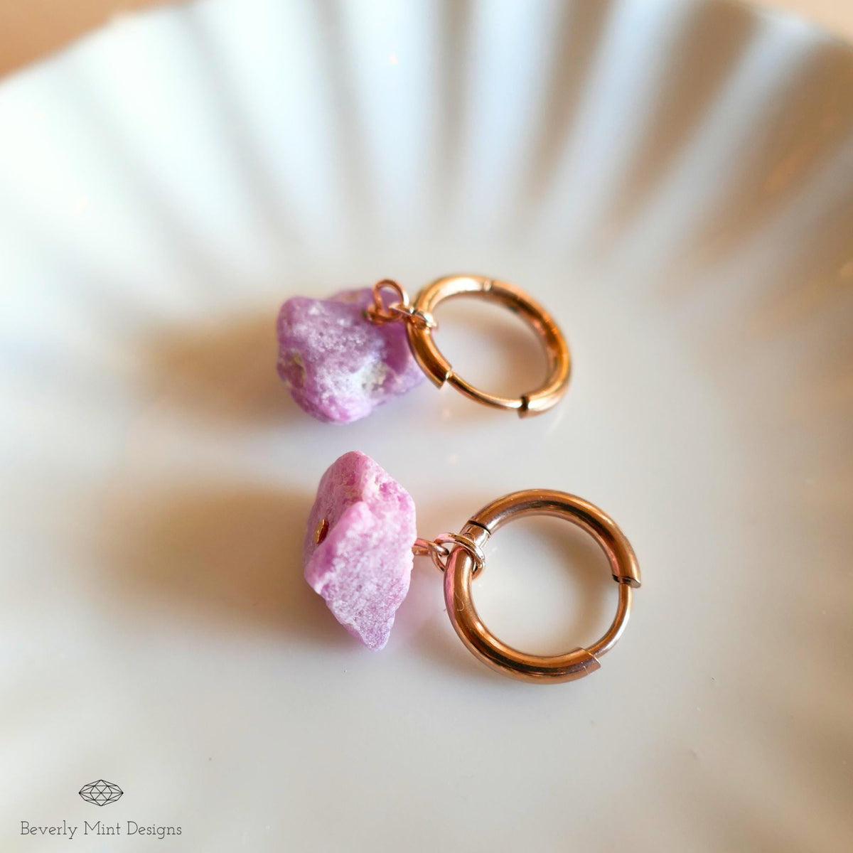 Rose Gold Huggie Hoop Earrings, Raw Ruby July Birthstone, Hypoallergenic Stainless Steel