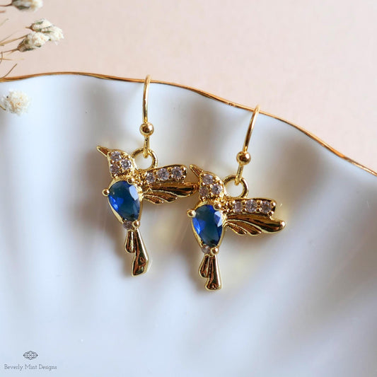 Gold Hummingbird Earrings , Blue Zircon Bird Dangle Earrings , Nature Inspired Jewelry Animal Lover Gift, Sensitive Ear & Clip-On Options