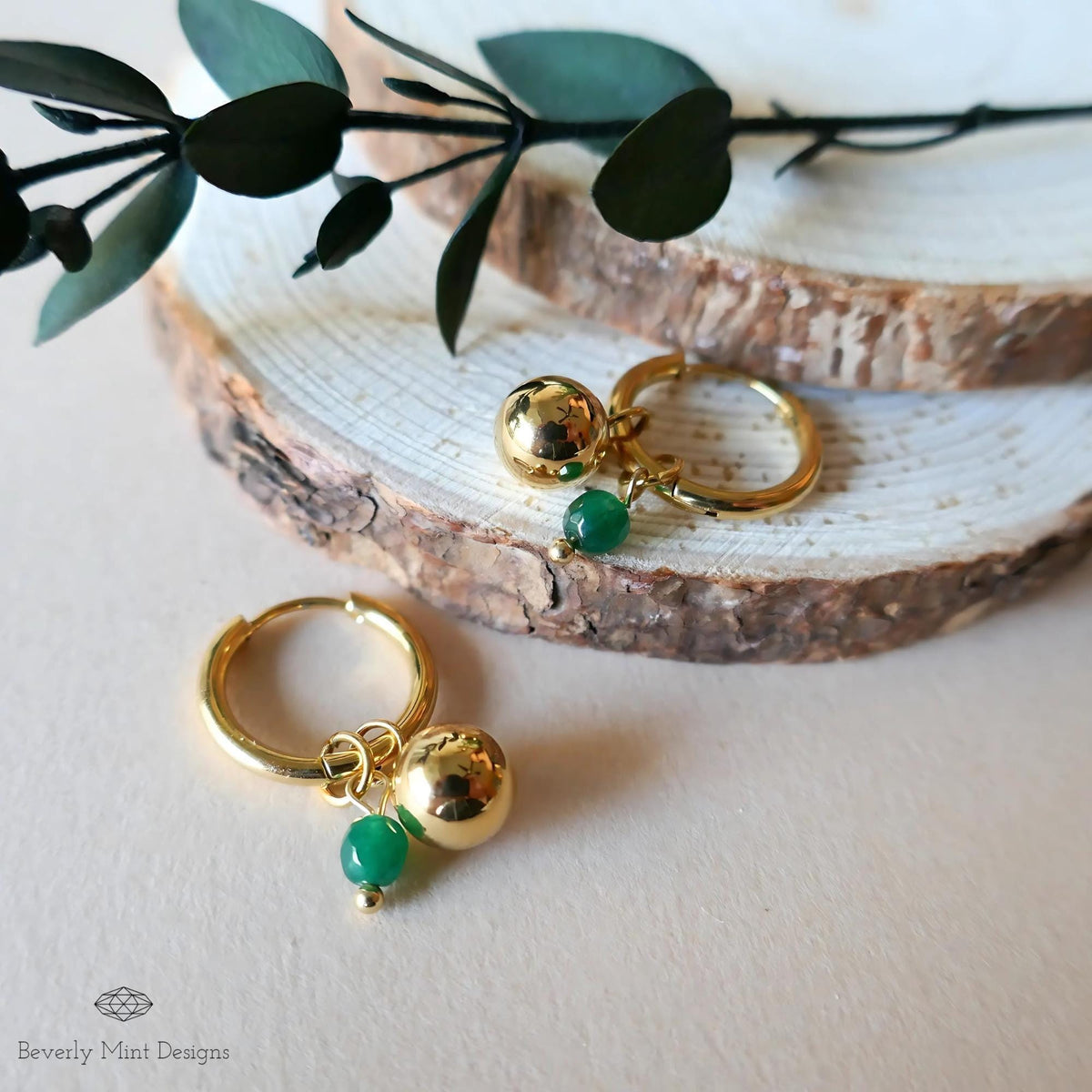 Gold Hoop Earrings with Green Bead Minimalist Dangle Jewelry Simple Everyday Earrings for Women, Everyday jewelry, Boho chic earrings,Casual