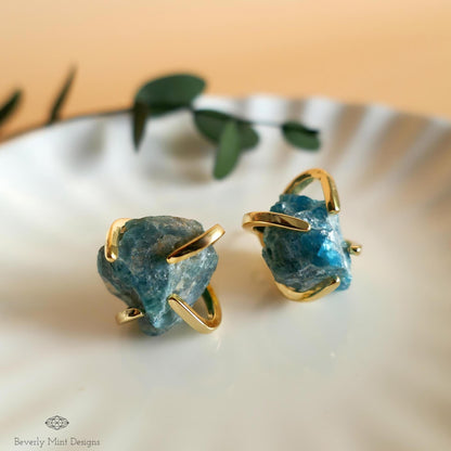 Apatite Stud Earrings with 18K Gold, Green Stone Earrings,  1/2 - 3/4 inches, Natural Raw Stone Earrings, Chakra Stone