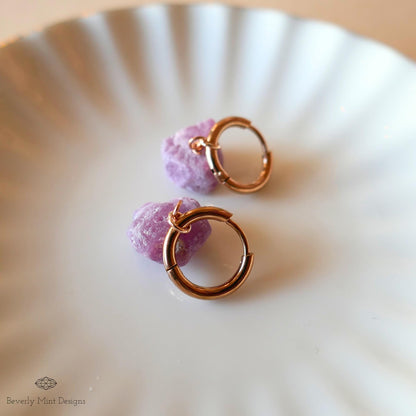 Rose Gold Huggie Hoop Earrings, Raw Ruby July Birthstone, Hypoallergenic Stainless Steel