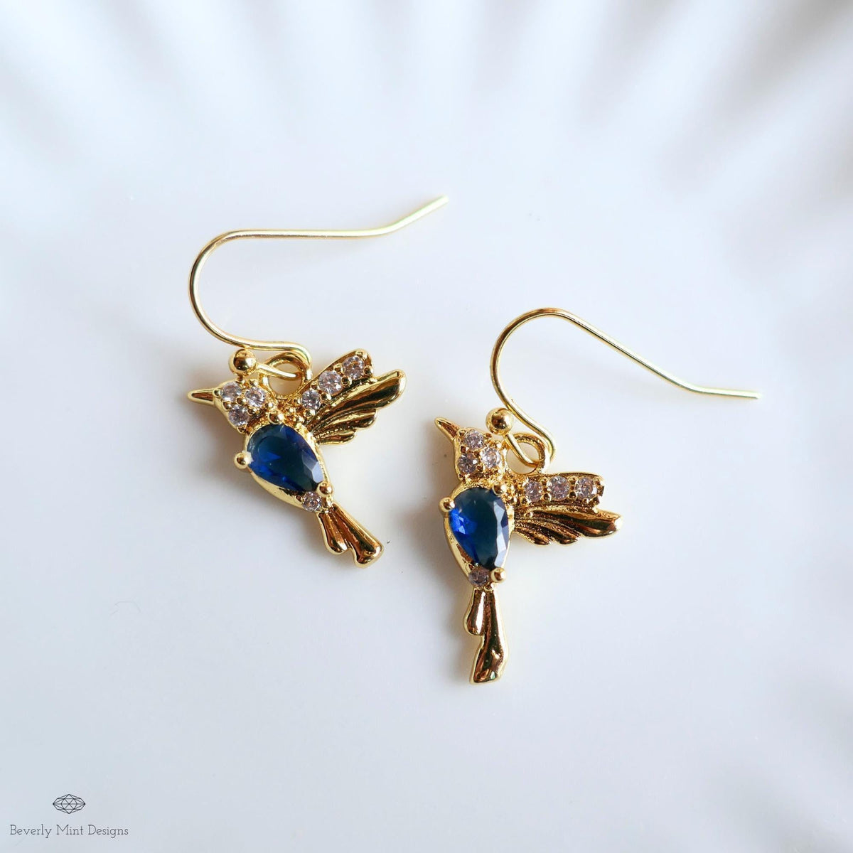 Gold Hummingbird Earrings , Blue Zircon Bird Dangle Earrings , Nature Inspired Jewelry Animal Lover Gift, Sensitive Ear & Clip-On Options