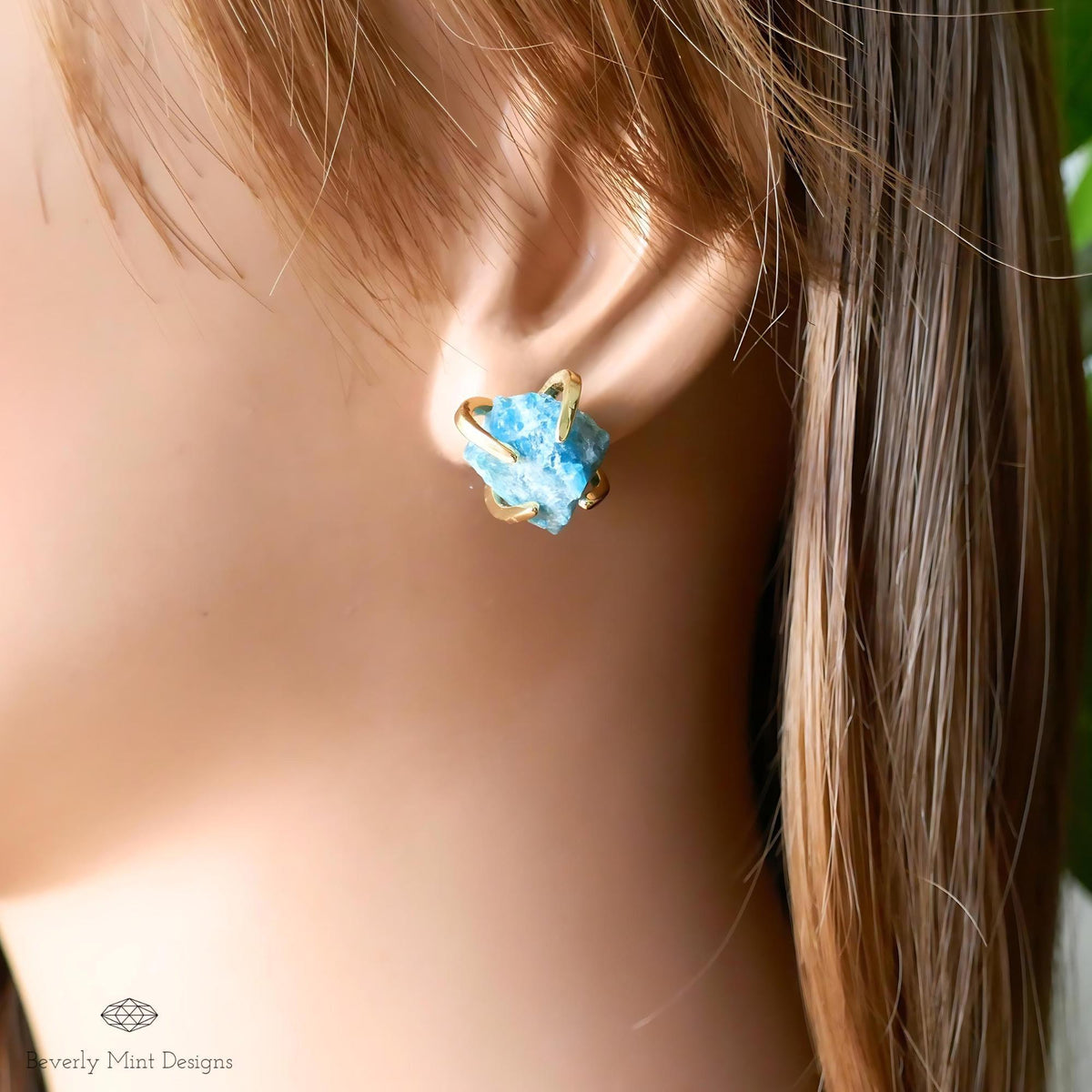 Apatite Stud Earrings with 18K Gold, Green Stone Earrings,  1/2 - 3/4 inches, Natural Raw Stone Earrings, Chakra Stone