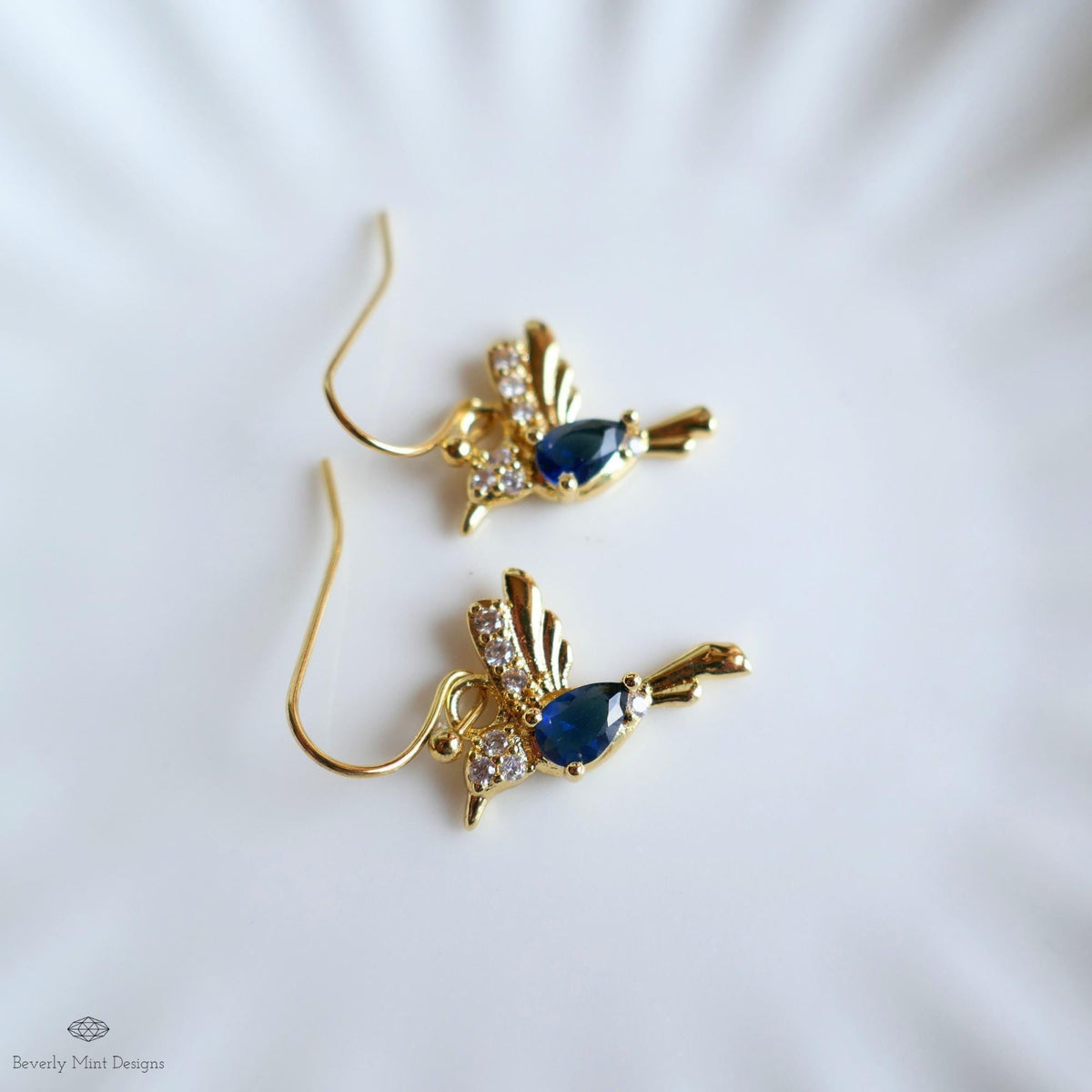 Gold Hummingbird Earrings , Blue Zircon Bird Dangle Earrings , Nature Inspired Jewelry Animal Lover Gift, Sensitive Ear & Clip-On Options