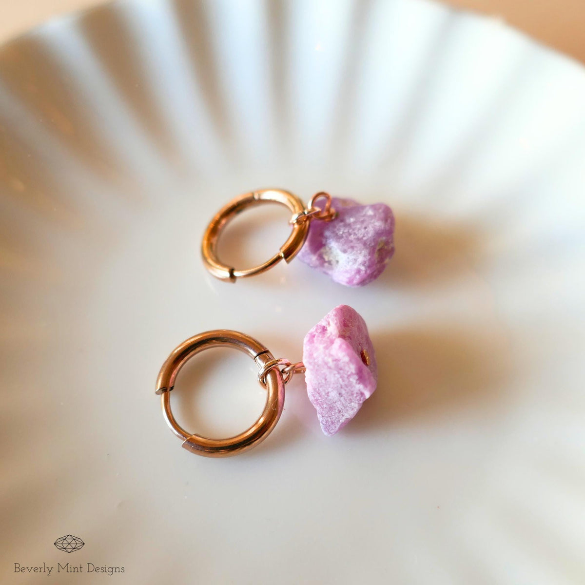 Rose Gold Huggie Hoop Earrings, Raw Ruby July Birthstone, Hypoallergenic Stainless Steel