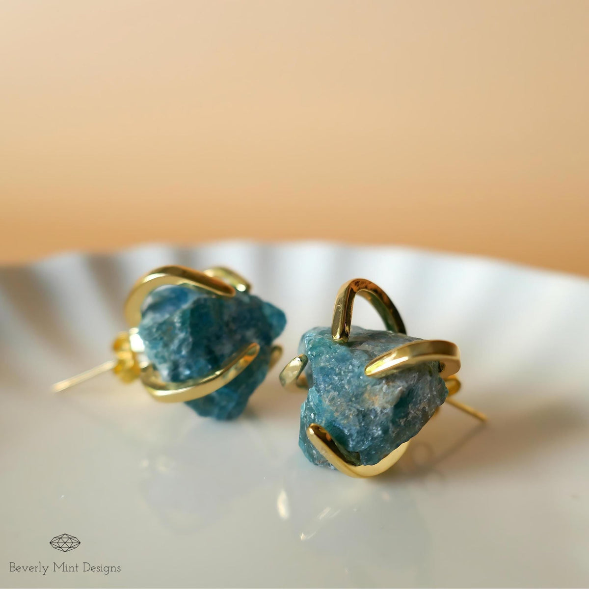 Apatite Stud Earrings with 18K Gold, Green Stone Earrings,  1/2 - 3/4 inches, Natural Raw Stone Earrings, Chakra Stone