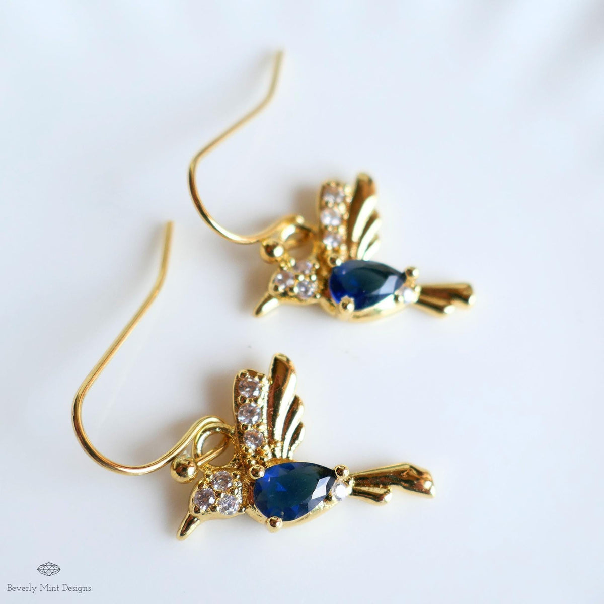 Gold Hummingbird Earrings , Blue Zircon Bird Dangle Earrings , Nature Inspired Jewelry Animal Lover Gift, Sensitive Ear & Clip-On Options