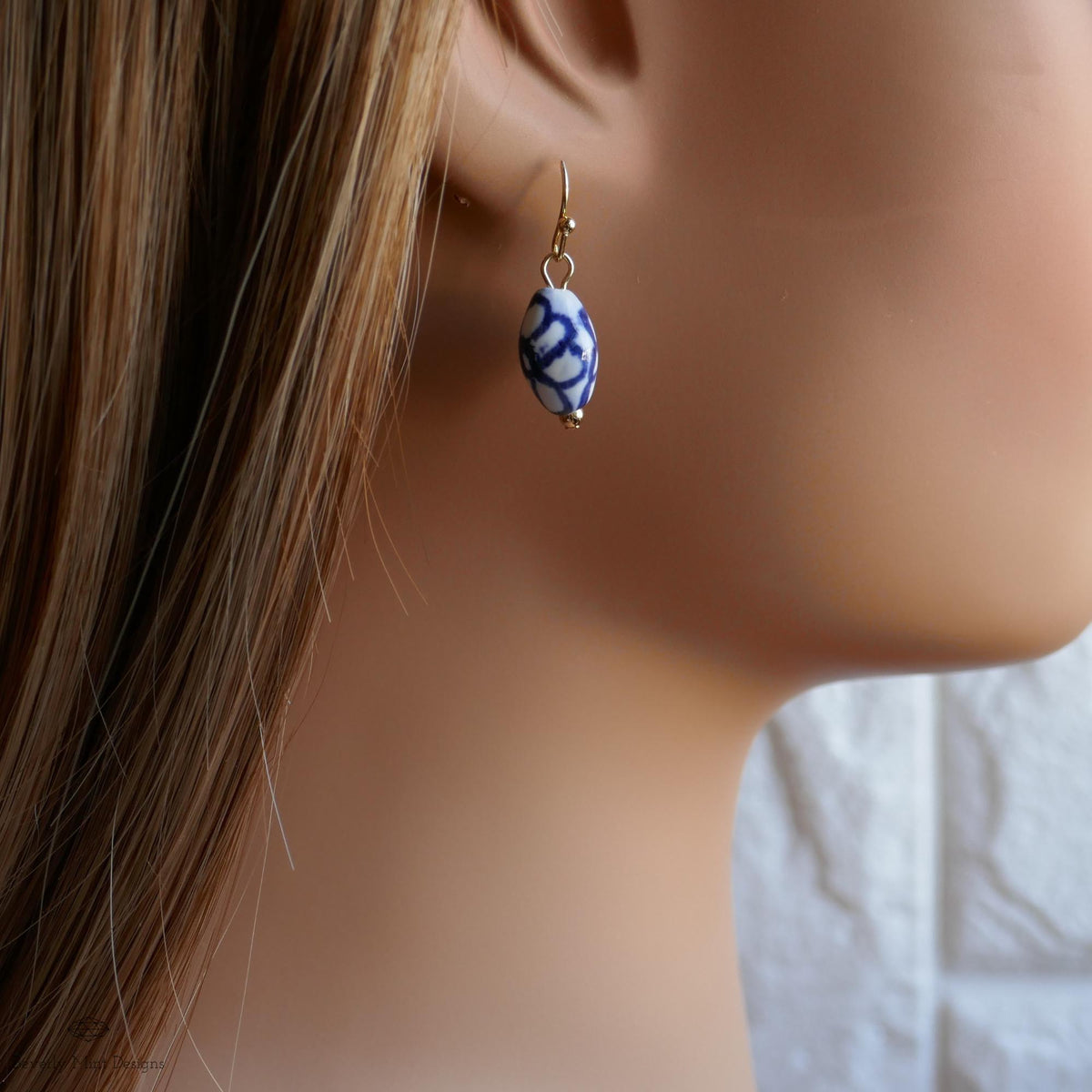 Blue and White Ceramic Earrings, Gold Dangle Earrings, Chinoiserie Style Jewelry, Handmade Bead Earrings, Sensitive Ear & Clip-On Options