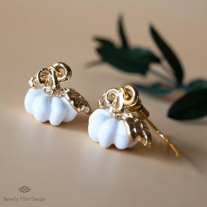Halloween Pumpkin Earrings, Cute Tiny White Pumpkin Earrings, Fall White Jewelry, Fun Halloween Accessories, Sensitive Ear & Clip-On Options