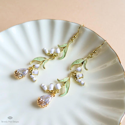 Lily of the Valley Earrings Gold Drop Earrings with CZ Crystal Teardrop, Sensitive Ear & Clip-On Options