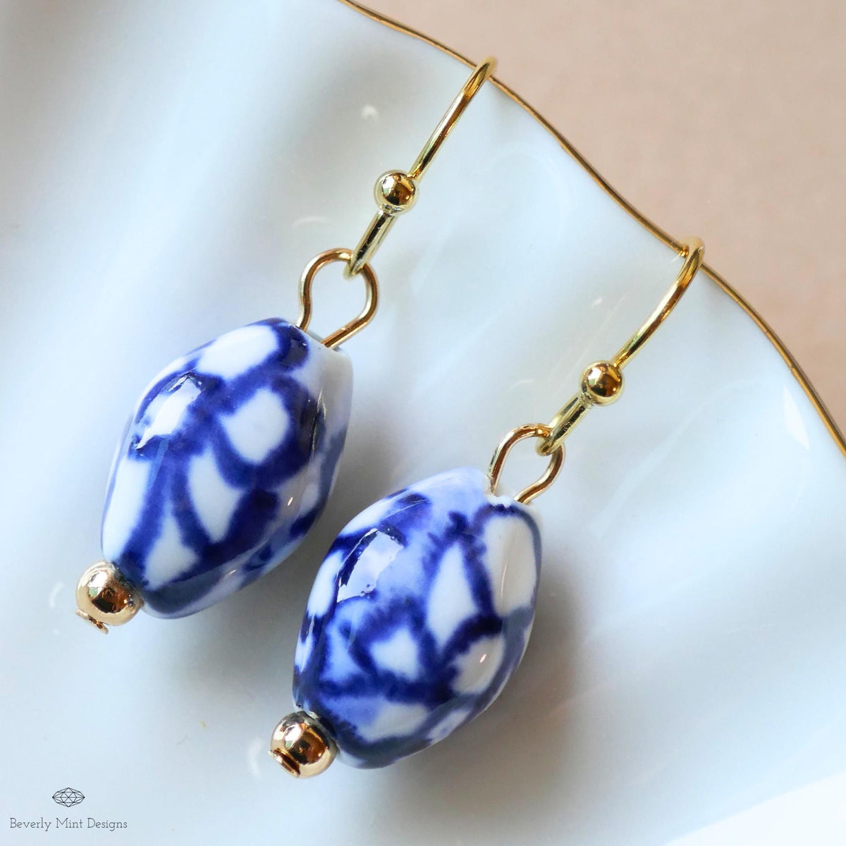 Blue and White Ceramic Earrings, Gold Dangle Earrings, Chinoiserie Style Jewelry, Handmade Bead Earrings, Sensitive Ear & Clip-On Options
