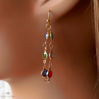 Colorful Stone Earrings, Gold Multi Color Dangle Earrings, Boho Statement Jewelry, Rainbow Drop Earrings, Sensitive Ear & Clip-On Options
