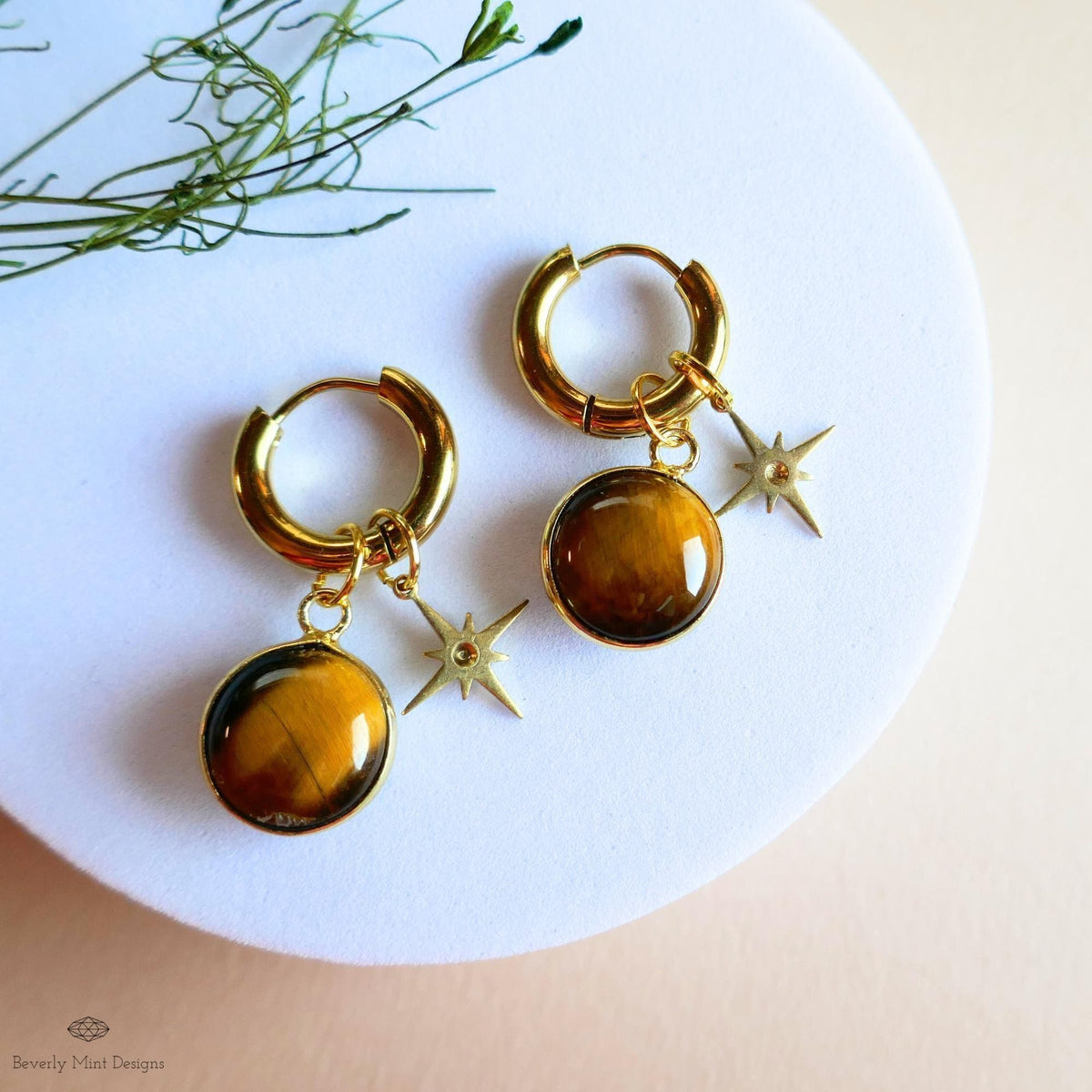 Tiger’s Eye Star Earrings, Natural Stone Hoop Earrings, Gold Crystal Dangles, Boho Celestial Jewelry, Round Stone Earrings