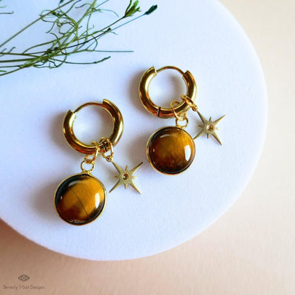 Tiger’s Eye Star Earrings, Natural Stone Hoop Earrings, Gold Crystal Dangles, Boho Celestial Jewelry, Round Stone Earrings