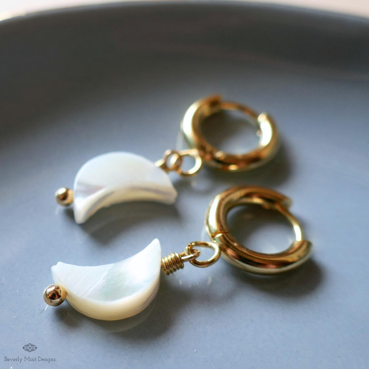 Mother of pearl moon earrings, Chunky gold hoop earrings, Celestial earrings, Dainty moon jewelry, Gift for her, Handmade earrings