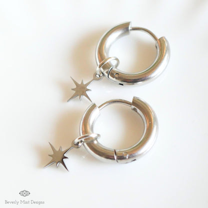 Starburst Stud Earrings, Silver Star Huggie Hoop Earrings, Minimalist Dangle Hoops for Women , Celestial Jewelry, Dainty Star Charm Earrings