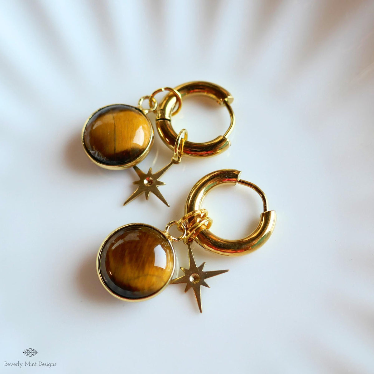 Tiger’s Eye Star Earrings, Natural Stone Hoop Earrings, Gold Crystal Dangles, Boho Celestial Jewelry, Round Stone Earrings