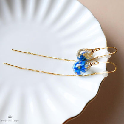 Blue Dry Flower Resin Threader Earrings Floral Drop Earrings Gold Chain Botanical Jewelry Dainty Handmade, Sensitive Ear & Clip-On Options