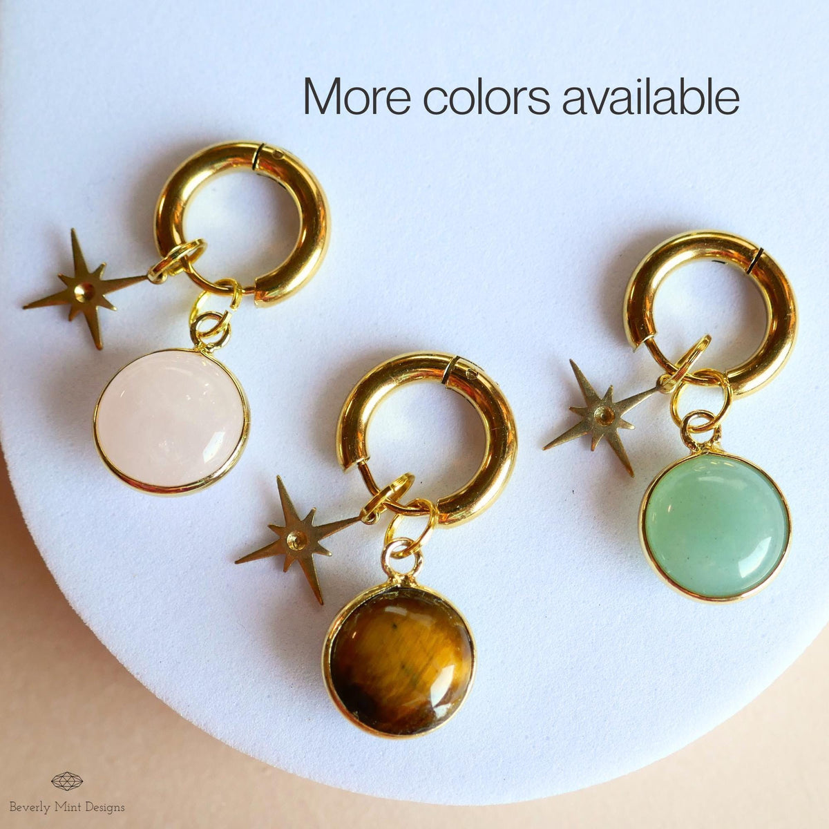 Tiger’s Eye Star Earrings, Natural Stone Hoop Earrings, Gold Crystal Dangles, Boho Celestial Jewelry, Round Stone Earrings