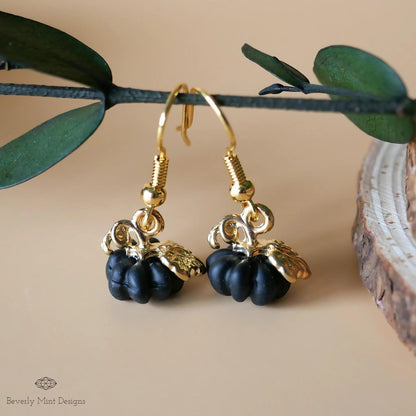 Halloween Pumpkin Earrings, Tiny Cute Black Pumpkin Dangle Earrings, Fall Jewelry, Sensitive Ear & Clip-On Options
