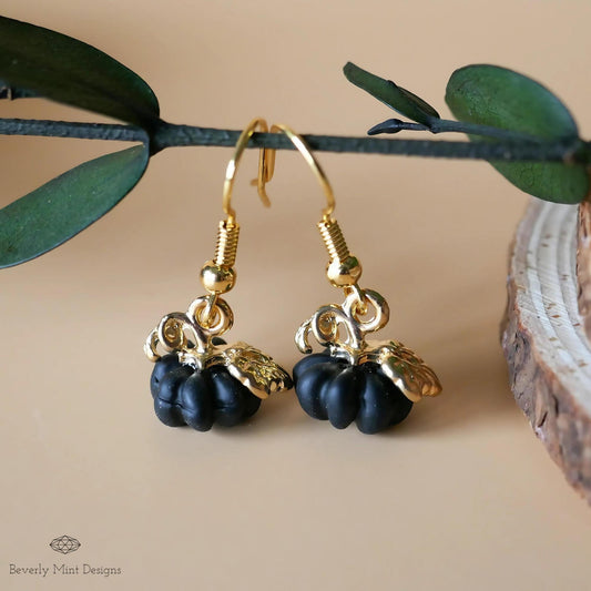 Halloween Pumpkin Earrings, Tiny Cute Black Pumpkin Dangle Earrings, Fall Jewelry, Sensitive Ear & Clip-On Options