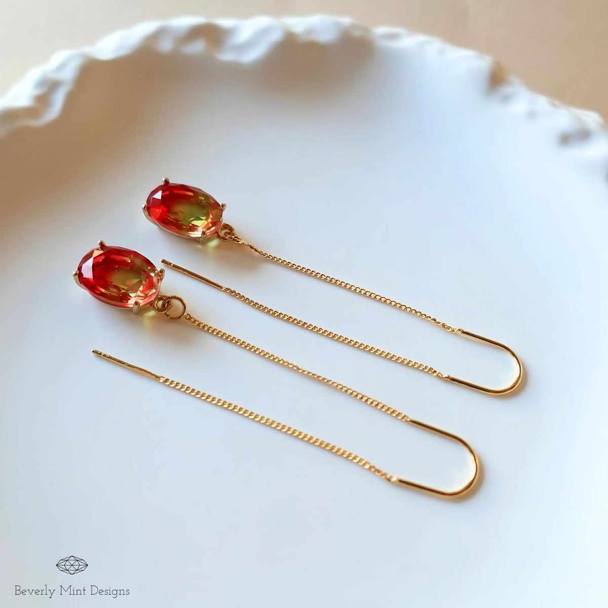 Gradient Red and Yellow Crystal Earrings, Orange Ombre Earrings , Handmade Elegant Threader Earrings, Sensitive Ear & Clip-On Options